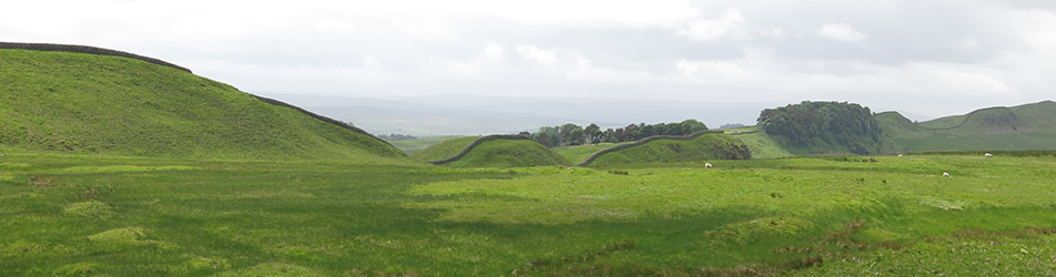 A photograph of Hadrian's Wall in the central sector east of Housesteads, viewed from the north so that the position of the Wall on the Whin Sill can be seen.